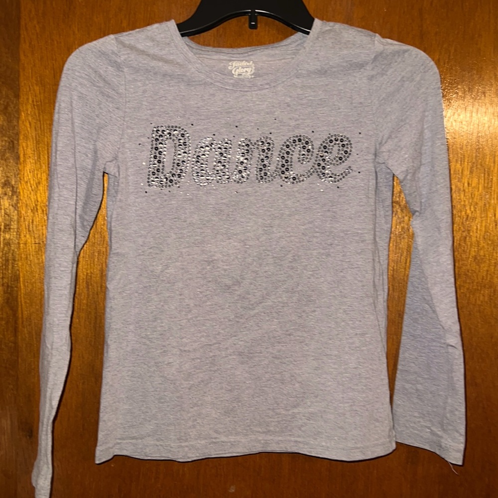 Kids long sleeve gray dance shirt, faded glory size large 10/12
